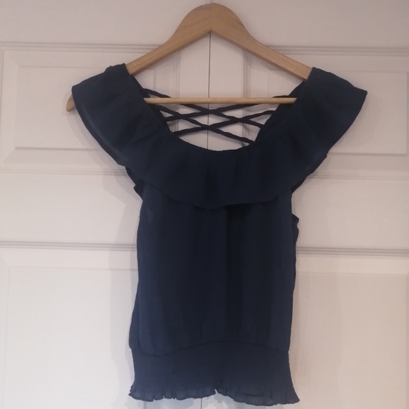 MINE Off Shoulder Ruffled Top - Navy Blue NWOT - Picture 3 of 4